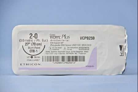 Coated Vicryl Plus - Antibacterial Suture with Needle Absorbable Coated Undyed Suture Braided Polyglactin 910 with Irgacare MP Antibacterial Suture Size 2 - 0 27 Inch Suture 1-Needle 36.4 mm Length 1/2 Circle Blunt Point Needle - VCPB259H