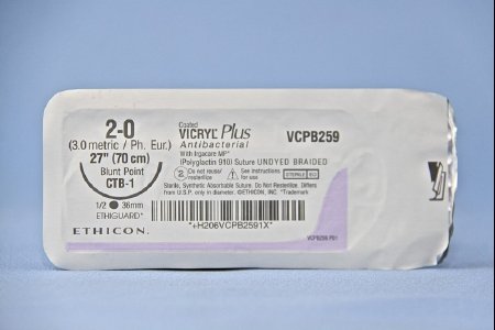 Coated Vicryl Plus Antibacterial Suture with Needle Absorbable Coated Undyed Suture Braided Polyglactin 910 with Irgacare MP Antibacterial Suture Size 2-0 27 Inch Suture 1-Needle 36.4 mm Length 1/2 Circle Blunt Point Needle