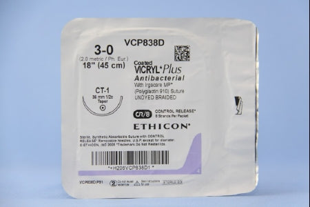 Coated Vicryl Plus Antibacterial Suture with Needle Absorbable Coated Undyed Suture Braided Polyglactin 910 with Irgacare MP Antibacterial Suture Size 3-0 18 Inch Suture 1-Needle 36 mm Length 1/2 Circle Taper Point Needle