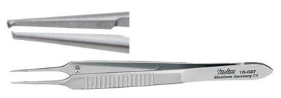 Miltex - Micro Corneal Suture Forceps McPherson 3-1/2 Inch Length OR Grade German Stainless Steel NonSterile NonLocking Thumb Handle Straight 0.2 mm Tips with 1 X 2 Teeth and Tying Platform - 18-837