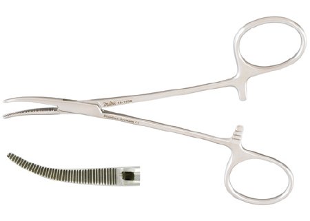 Miltex - Hemostatic Forceps Halsted-Mosquito 5 Inch Length Surgical Grade NonMagnetic Stainless Steel NonSterile Ratchet Lock Finger Ring Handle Curved Serrated Tips - 18-1936