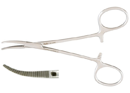 Miltex Miltex Hemostatic Forceps Halsted-Mosquito 5 Inch Surgical Grade NonMagnetic Stainless Steel NonSterile Ratchet Lock Finger Ring Handle Curved Serrated Tips - 18-1936