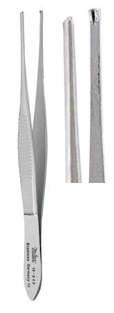 Miltex Miltex Tissue Forceps Strabismus 4 Inch OR Grade Stainless Steel (German) NonSterile NonLocking Thumb Handle Straight Serrated Tips w/1 X 2 Teeth - 18-840