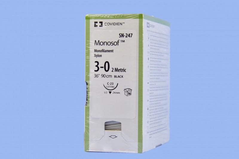 Covidien Monosof Suture with Needle Nonabsorbable Uncoated Black Suture Monofilament Nylon Size 3-0 36 Inch Suture 1-Needle 24 mm Length 1/2 Circle Reverse Cutting Needle - SN247