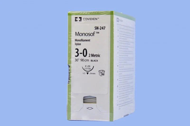 Monosof - Suture with Needle Nonabsorbable Uncoated Black Suture Monofilament Nylon Size 3 - 0 36 Inch Suture 1-Needle 24 mm Length 1/2 Circle Reverse Cutting Needle - SN-247