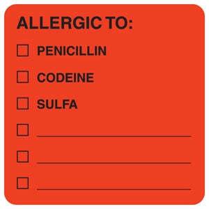 Tabbies Pre-Printed Label Allergy Alert Allergic To: / Penicillin / Codeine / Sulfa / _________ / _________/ _________ Red 2 X 2 Inch - AP4890
