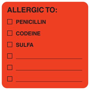 Tabbies - Pre-Printed Label Allergy Alert Red Allergic To: / Penicillin / Codeine / Sulfa / _________ / _________/ _________ Black Alert Label 2 X 2 Inch - MAP4890
