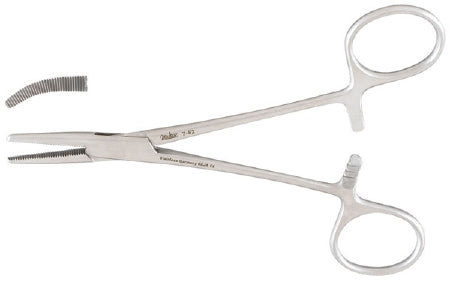Miltex - Hemostatic Forceps Jones 5 Inch Length OR Grade German Stainless Steel NonSterile Ratchet Lock Finger Ring Handle Curved Serrated Tips - 7-84