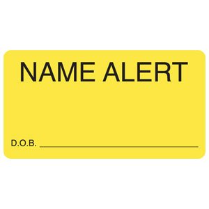 Tabbies - Pre-Printed Label Advisory Label Yellow Name Alert / D.O.B.____________ Black Caution 1-3/4 X 3-1/4 Inch - MAP3410