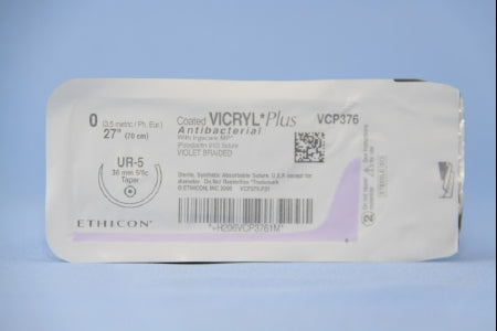 Coated Vicryl Plus - Antibacterial Suture with Needle Absorbable Coated Violet Suture Braided Polyglactin 910 with Irgacare MP Antibacterial Suture Size 0 27 Inch Suture 1-Needle 36.4 mm Length 5/8 Circle Taper Point Needle - VCP376H