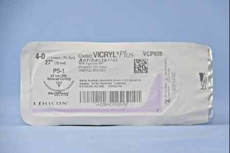 Coated Vicryl Plus Antibacterial Suture with Needle Absorbable Coated Undyed Suture Braided Polyglactin 910 with Irgacare MP Antibacterial Suture Size 4-0 27 Inch Suture 1-Needle 24 mm Length 3/8 Circle Precision Point - Reverse Cutting Needle