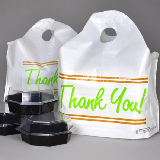 US Plastic Corp. Printed "Thank You" Take Out Bags with Wave Top Handles