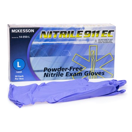McKesson McKesson NITRILE 911 EC Exam Glove Large NonSterile Nitrile Extended Cuff Length Textured Fingertips Blue Chemo Tested - 14-050-L