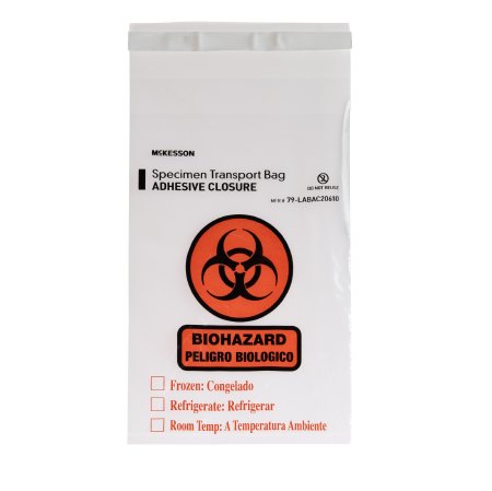 McKesson McKesson Specimen Transport Bag with Document Pouch 6 X 10 Inch Low Density Polyethylene Biohazard Symbol / Storage Instructions Adhesive Closure NonSterile - 79-LABAC20610