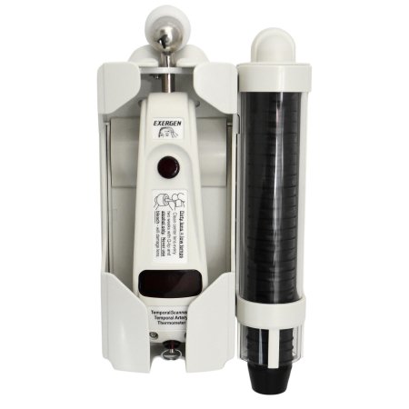 Exergen - Keyless Locking Wall Mount Holder plus integrated cap dispenser shown with caps For TAT-5000 Temporal Thermometer and Caps - 134306