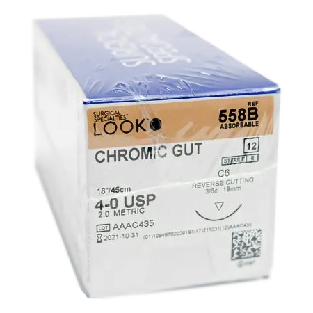 LOOK - Suture with Needle Absorbable Uncoated Undyed Suture Chromic Gut Size 4 - 0 18 Inch Suture 1-Needle 19 mm Length 3/8 Circle Reverse Cutting Needle - 558B