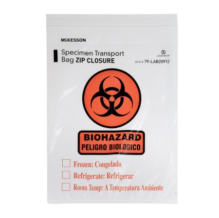 McKesson McKesson Specimen Transport Bag with Document Pouch 9 X 12 Inch Low Density Polyethylene Biohazard Symbol / Storage Instructions Zip Closure NonSterile - 79-LAB20912
