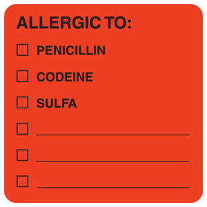 Tabbies Allergy Labels, "Allergic To: Penicillin/Codeine/Sulfa" Fluorescent Red - 2"W x 2"H, 250  per Roll - MAP4890