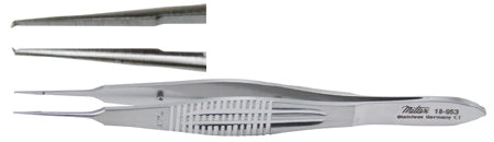 Miltex Miltex Suture Forceps Castroviejo 4 Inch OR Grade Stainless Steel (German) NonSterile NonLocking Thumb Handle Straight Serrated Tips w/1 X 2 Teeth - 18-955