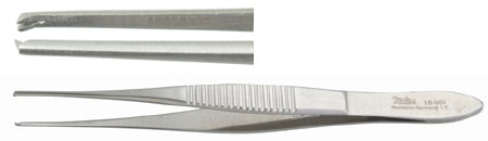 Miltex Miltex Tissue Forceps O'Brien 4 Inch OR Grade Stainless Steel (German) NonSterile NonLocking Thumb Handle Straight Serrated Tips w/1 X 2 Teeth - 18-904