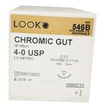 LOOK - Suture with Needle Absorbable Uncoated Undyed Suture Chromic Gut Size 4 - 0 18 Inch Suture 1-Needle 39 mm Length 3/8 Circle Reverse Cutting Needle - 546B