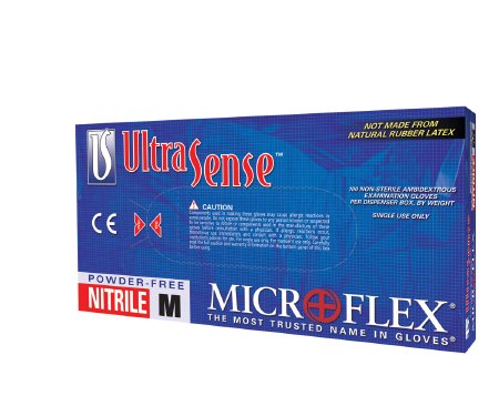 Microflex Medical Ultrasense Exam Glove Medium NonSterile Nitrile Standard Cuff Length Textured Fingertips Blue Not Chemo Approved - US-220-