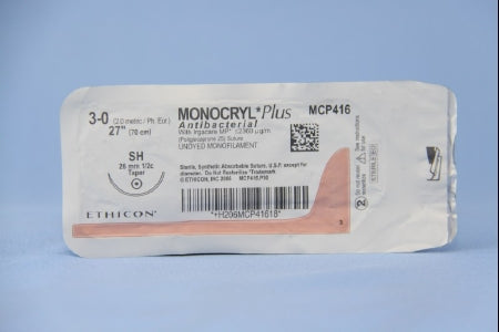 J & J Healthcare Systems Monocryl Plus Antibacterial Suture with Needle Absorbable Uncoated Undyed Suture Poliglecaprone 25 with Irgacare MP Antibacterial Suture Size 3-0 27 Inch Suture 1-Needle 26 mm Length 1/2 Circle Taper Point Needle - CP416H