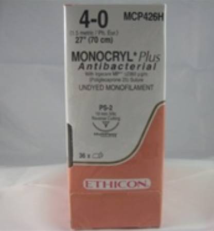 J & J Healthcare Systems Monocryl Plus Antibacterial Suture with Needle Absorbable Uncoated Undyed Suture Poliglecaprone 25 with Irgacare MP Antibacterial Suture Size 4-0 27 Inch Suture 1-Needle 19 mm Length 3/8 Circle Reverse Cutting Needle - CP426H