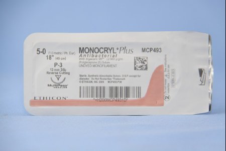 J & J Healthcare Systems Monocryl Plus Antibacterial Suture with Needle Absorbable Uncoated Undyed Suture Poliglecaprone 25 with Irgacare MP Antibacterial Suture Size 5-0 18 Inch Suture 1-Needle 13 mm Length 3/8 Circle Reverse Cutting Needle - CP493G