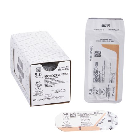 Monocryl Plus - Antibacterial Suture with Needle Absorbable Uncoated Undyed Suture Poliglecaprone 25 with Irgacare MP Antibacterial Suture Size 5 - 0 18 Inch Suture 1-Needle 13 mm Length 3/8 Circle Reverse Cutting Needle - MCP493G