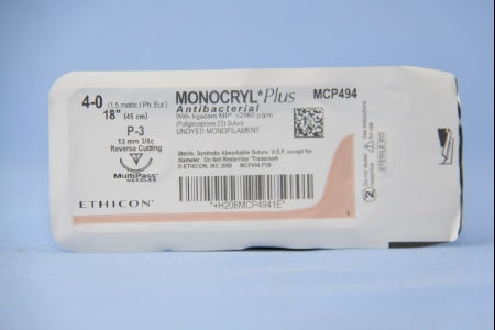 J & J Healthcare Systems Monocryl Plus Antibacterial Suture with Needle Absorbable Uncoated Undyed Suture Poliglecaprone 25 with Irgacare MP Antibacterial Suture Size 4-0 18 Inch Suture 1-Needle 13 mm Length 3/8 Circle Reverse Cutting Needle - CP494G