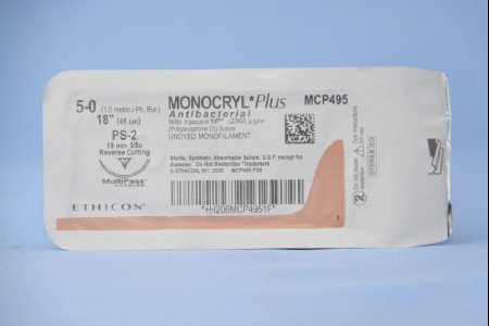 J & J Healthcare Systems Monocryl Plus Antibacterial Suture with Needle Absorbable Uncoated Undyed Suture Poliglecaprone 25 with Irgacare MP Antibacterial Suture Size 5-0 18 Inch Suture 1-Needle 19 mm Length 3/8 Circle Reverse Cutting Needle - CP495G