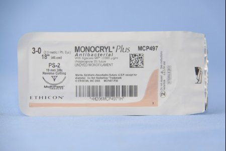 J & J Healthcare Systems Monocryl Plus Antibacterial Suture with Needle Absorbable Uncoated Undyed Suture Poliglecaprone 25 with Irgacare MP Antibacterial Suture Size 3-0 18 Inch Suture 1-Needle 19 mm Length 3/8 Circle Reverse Cutting Needle - CP497G