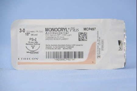 Monocryl Plus - Antibacterial Suture with Needle Absorbable Uncoated Undyed Suture Poliglecaprone 25 with Irgacare MP Antibacterial Suture Size 3 - 0 18 Inch Suture 1-Needle 19 mm Length 3/8 Circle Precision Point - Reverse Cutting Needle - MCP497G