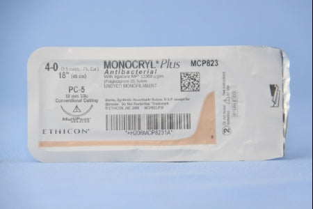 Monocryl Plus - Antibacterial Suture with Needle Absorbable Uncoated Undyed Suture Poliglecaprone 25 with Irgacare MP Antibacterial Suture Size 4 - 0 18 Inch Suture 1-Needle 19 mm Length 3/8 Circle Conventional Cutting Needle - MCP823G