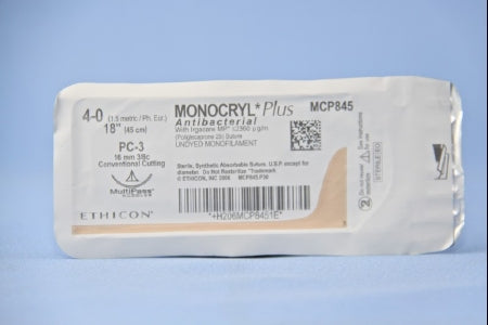 Monocryl Plus - Antibacterial Suture with Needle Absorbable Uncoated Undyed Suture Poliglecaprone 25 with Irgacare MP Antibacterial Suture Size 4 - 0 18 Inch Suture 1-Needle 16 mm Length 3/8 Circle Conventional Cutting Needle - MCP845G