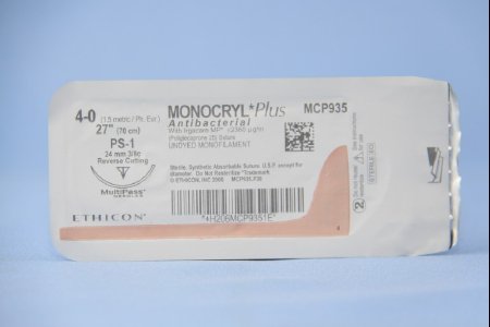 J & J Healthcare Systems Monocryl Plus Antibacterial Suture with Needle Absorbable Uncoated Undyed Suture Poliglecaprone 25 with Irgacare MP Antibacterial Suture Size 4-0 27 Inch Suture 1-Needle 24 mm Length 3/8 Circle Reverse Cutting Needle - CP935H