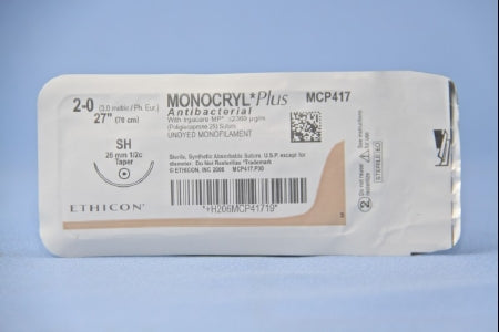 J & J Healthcare Systems Monocryl Plus Antibacterial Suture with Needle Absorbable Uncoated Undyed Suture Poliglecaprone 25 with Irgacare MP Antibacterial Suture Size 2-0 27 Inch Suture 1-Needle 26 mm Length 1/2 Circle Taper Point Needle - CP417H