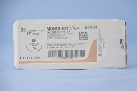 J & J Healthcare Systems Monocryl Plus Antibacterial Suture with Needle Absorbable Uncoated Violet Suture Poliglecaprone 25 with Irgacare MP Antibacterial Suture Size 2-0 27 Inch Suture 1-Needle 26 mm Length 1/2 Circle Taper Point Needle - CP317H