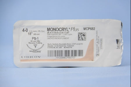 J & J Healthcare Systems Monocryl Plus Antibacterial Suture with Needle Absorbable Uncoated Undyed Suture Poliglecaprone 25 with Irgacare MP Antibacterial Suture Size 4-0 18 Inch Suture 1-Needle 24 mm Length 3/8 Circle Reverse Cutting Needle - CP682H