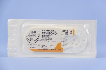 J & J Healthcare Systems Ethibond Suture with Needle Nonabsorbable Coated White Suture Braided Polyester Size 2-0 36 Inch Suture Double-Armed 26 mm Length 1/2 Circle Taper Point Needle - X513H
