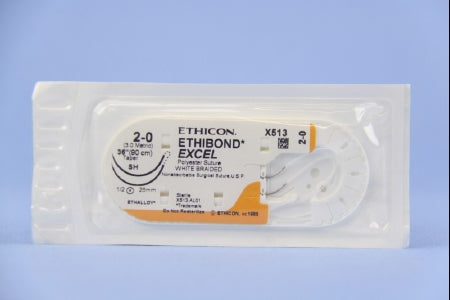 Ethibond - Suture with Needle Nonabsorbable Coated White Suture Braided Polyester Size 2 - 0 36 Inch Suture Double-Armed 26 mm Length 1/2 Circle Taper Point Needle - X513H