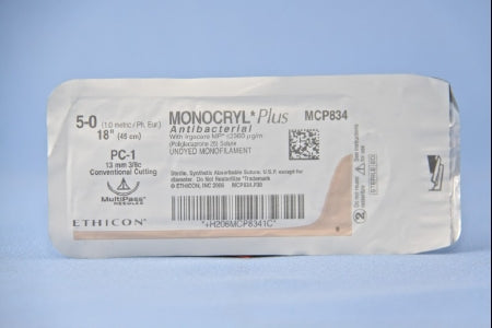 J&J Healthcare Systems Monocryl Plus Antibacterial Suture with Needle Absorbable Uncoated Undyed Suture Poliglecaprone 25 with Irgacare MP Antibacterial Suture Size 5-0 18 Inch Suture 1-Needle 13 mm Length 3/8 Circle Conventional Cutting Needle-MCP834G