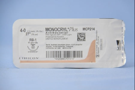 J & J Healthcare Systems Monocryl Plus Antibacterial Suture with Needle Absorbable Uncoated Undyed Suture Poliglecaprone 25 with Irgacare MP Antibacterial Suture Size 4-0 27 Inch Suture 1-Needle 17 mm Length 1/2 Circle Taper Point Needle - CP214H