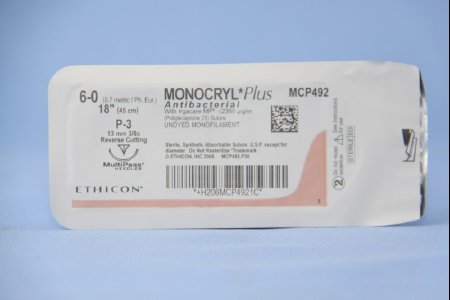J & J Healthcare Systems Monocryl Plus Antibacterial Suture with Needle Absorbable Uncoated Undyed Suture Poliglecaprone 25 with Irgacare MP Antibacterial Suture Size 6-0 18 Inch Suture 1-Needle 13 mm Length 3/8 Circle Reverse Cutting Needle - CP492G