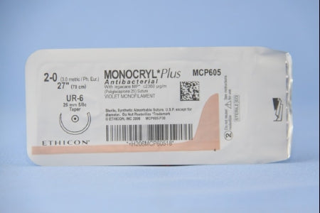 Monocryl Plus - Antibacterial Suture with Needle Absorbable Uncoated Violet Suture Poliglecaprone 25 with Irgacare MP Antibacterial Suture Size 2 - 0 27 Inch Suture 1-Needle 26 mm Length 5/8 Circle Taper Point Needle - MCP605H