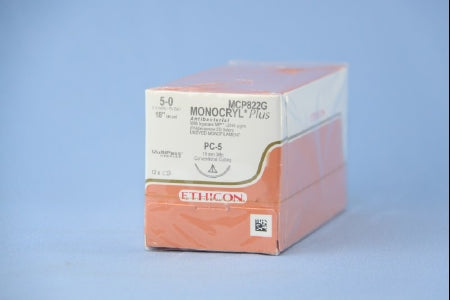 Monocryl Plus - Antibacterial Suture with Needle Absorbable Uncoated Undyed Suture Poliglecaprone 25 with Irgacare MP Antibacterial Suture Size 5 - 0 18 Inch Suture 1-Needle 19 mm Length 3/8 Circle Conventional Cutting Needle - MCP822G