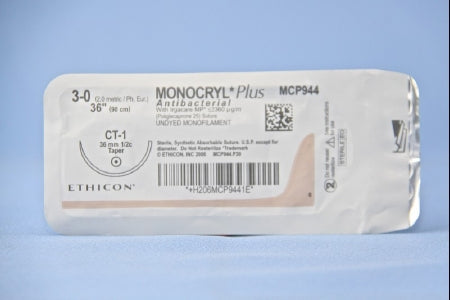 Monocryl Plus - Antibacterial Suture with Needle Absorbable Uncoated Undyed Suture Poliglecaprone 25 with Irgacare MP Antibacterial Suture Size 3 - 0 36 Inch Suture 1-Needle 36 mm Length 1/2 Circle Taper Point Needle - MCP944H