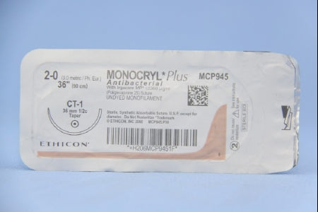 J & J Healthcare Systems Monocryl Plus Antibacterial Suture with Needle Absorbable Uncoated Undyed Suture Poliglecaprone 25 with Irgacare MP Antibacterial Suture Size 2-0 36 Inch Suture 1-Needle 36 mm Length 1/2 Circle Taper Point Needle - CP945H