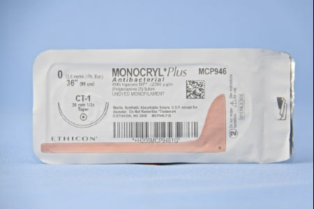 J & J Healthcare Systems Monocryl Plus Antibacterial Suture with Needle Absorbable Uncoated Undyed Suture Poliglecaprone 25 with Irgacare MP Antibacterial Suture Size 0 36 Inch Suture 1-Needle 36 mm Length 1/2 Circle Taper Point Needle - CP946H